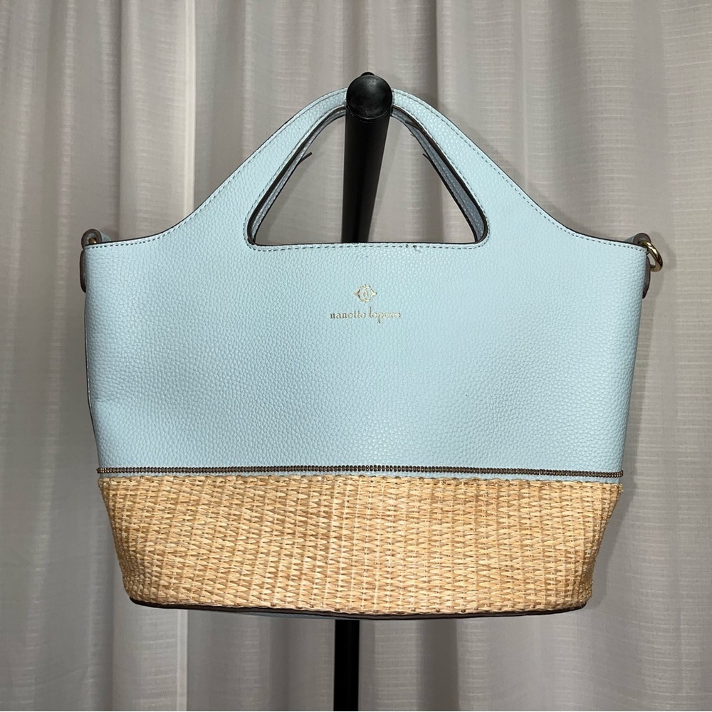 Nanette Lepore Reese Cut Out Handle Satchel in blue and brown